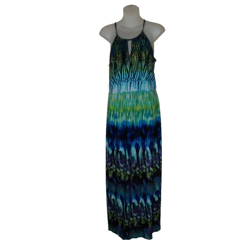 WOMENS SAINT TROPEZ WEST Blue Green Abstract print MAXI SUNDRESS SIZE 6